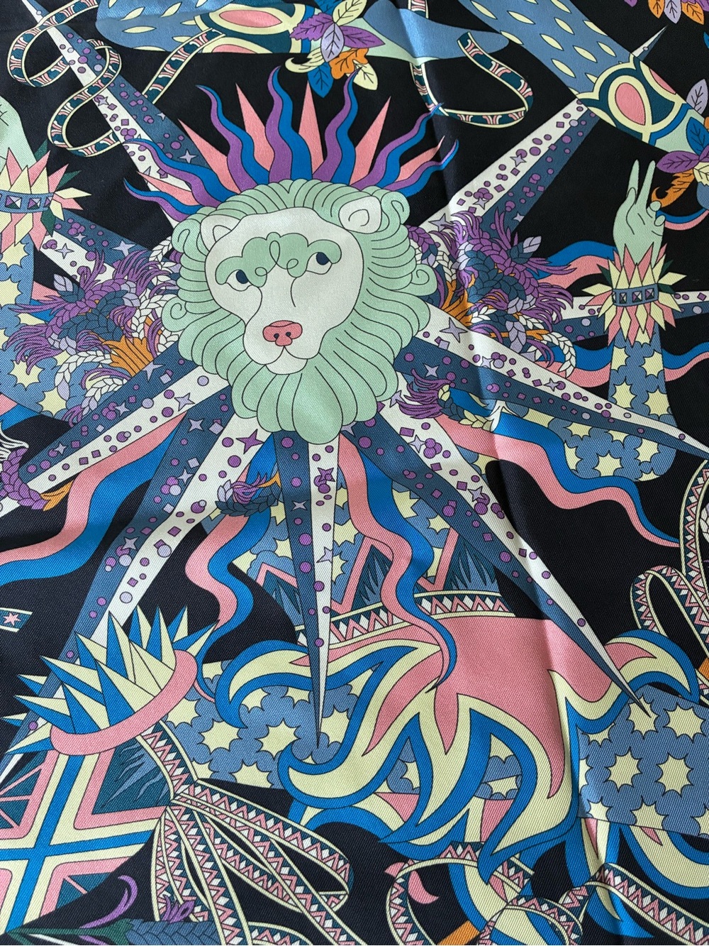 Designer Inspired Whimsical Scarf in Navy and Pastel - Picture 5 of 7